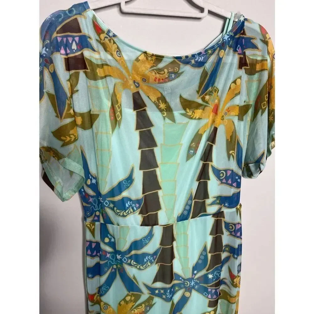 Never Fully Dressed Tilly off asymmetric mesh maxi dress in blue palm print New
